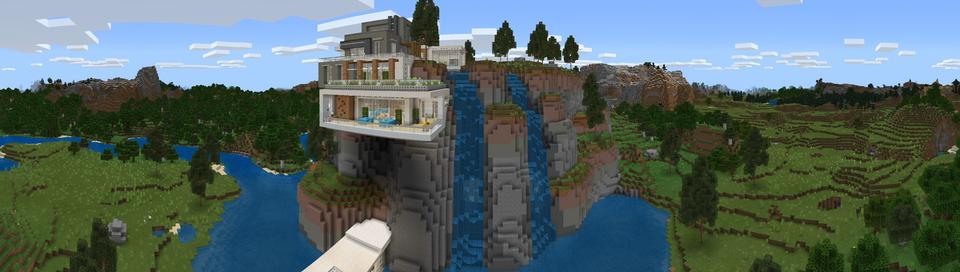 Panorama of the Minecraft Bedrock Marketplace product Millionaire Waterfall Mansion created by 4KS Studios.