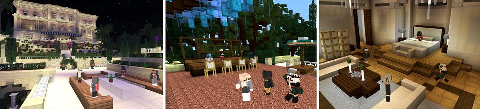 Panorama of the Minecraft Bedrock Marketplace product Party Mansion created by 4KS Studios.