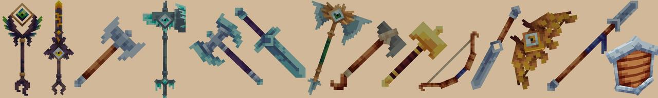 Panorama of the Minecraft Bedrock Marketplace product Skyblock Weapons created by Block Factory.