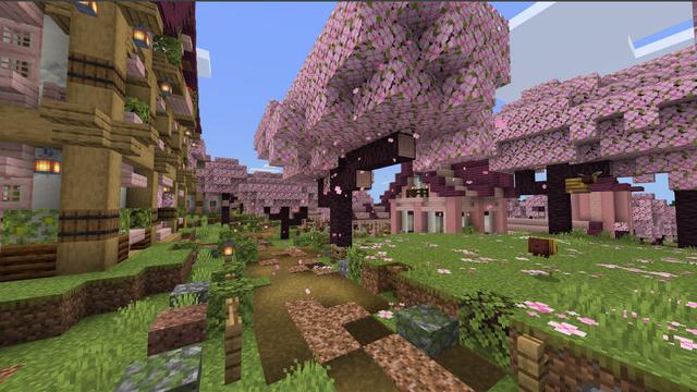 Screenshot of the Minecraft Bedrock Marketplace product Cherry Blossom Village created by BLOCKLAB Studios.