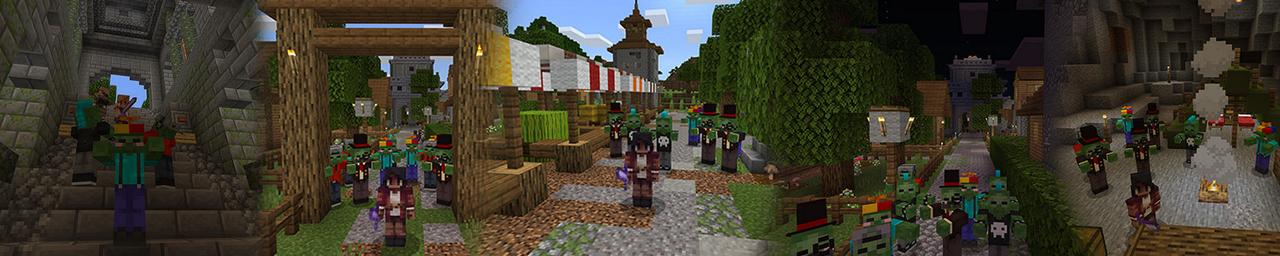 Panorama of the Minecraft Bedrock Marketplace product Friendly Zombies created by BLOCKLAB Studios.