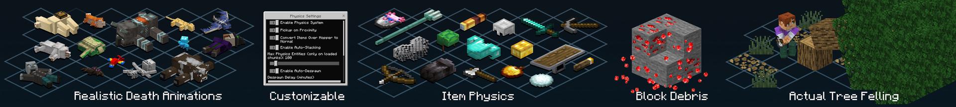 Panorama of the Minecraft Bedrock Marketplace product Item Physics & More Add-On created by BLOCKLAB Studios.