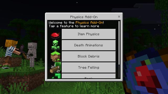 Screenshot of the Minecraft Bedrock Marketplace product Item Physics & More Add-On created by BLOCKLAB Studios.