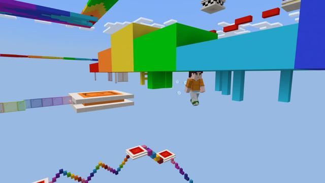 Screenshot of the Minecraft Bedrock Marketplace product Rainbow Obstacle Parkour 2 created by BLOCKLAB Studios.