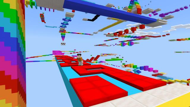 Screenshot of the Minecraft Bedrock Marketplace product Rainbow Obstacle Parkour 2 created by BLOCKLAB Studios.