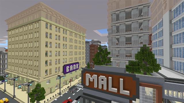 Screenshot of the Minecraft Bedrock Marketplace product Fintropolis created by Blockworks.
