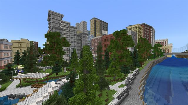 Screenshot of the Minecraft Bedrock Marketplace product Fintropolis created by Blockworks.