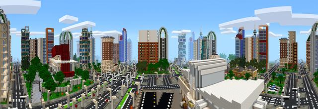 Panorama of the Minecraft Bedrock Marketplace product Lumen: City Challenge created by Blockworks.