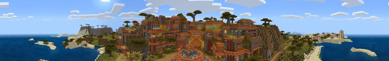 Panorama of the Minecraft Bedrock Marketplace product Savanna Farm Village created by BTWN Creations.