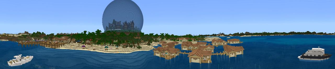 Panorama of the Minecraft Bedrock Marketplace product Snow Globe Beach Resort created by BTWN Creations.