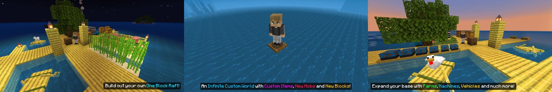 Panorama of the Minecraft Bedrock Marketplace product ONE BLOCK RAFT! created by Chunklabs.