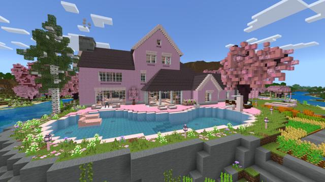 Screenshot of the Minecraft Bedrock Marketplace product Cherry Blossom Suburban Home created by CrackedCubes.