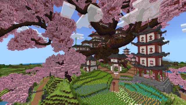 Screenshot of the Minecraft Bedrock Marketplace product Cherry Bonsai Treehouse created by CrackedCubes.