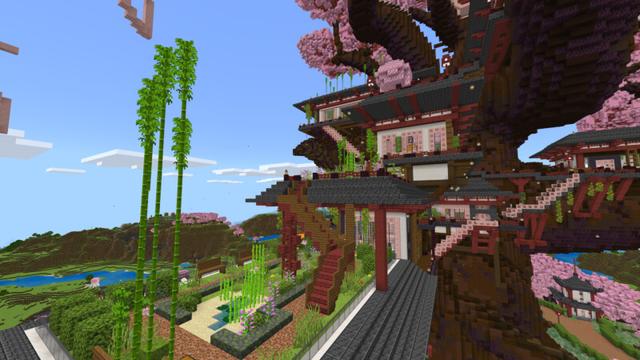 Screenshot of the Minecraft Bedrock Marketplace product Cherry Bonsai Treehouse created by CrackedCubes.
