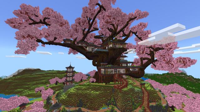 Screenshot of the Minecraft Bedrock Marketplace product Cherry Bonsai Treehouse created by CrackedCubes.