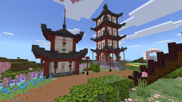 Screenshot of the Minecraft Bedrock Marketplace product Cherry Bonsai Treehouse created by CrackedCubes.