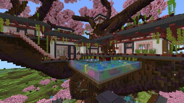 Screenshot of the Minecraft Bedrock Marketplace product Cherry Bonsai Treehouse created by CrackedCubes.