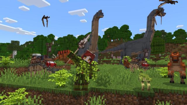 Screenshot of the Minecraft Bedrock Marketplace product Dinosaur Hunter Add-On created by CrackedCubes.