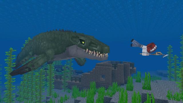 Screenshot of the Minecraft Bedrock Marketplace product Dinosaur Hunter Add-On created by CrackedCubes.