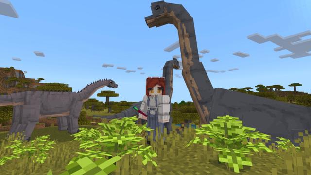 Screenshot of the Minecraft Bedrock Marketplace product Dinosaur Hunter Add-On created by CrackedCubes.