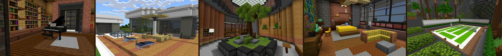 Panorama of the Minecraft Bedrock Marketplace product Modern Mega Mansion created by CrackedCubes.