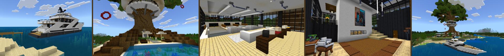 Panorama of the Minecraft Bedrock Marketplace product Modern Tree Mansion created by CrackedCubes.