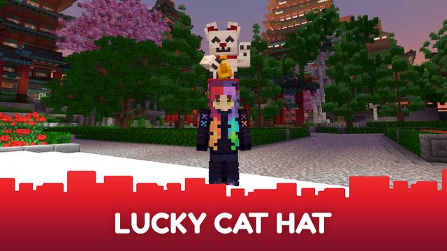 Screenshot of the Minecraft Bedrock Marketplace product Lucky Cat - Hat created by CubeCraft Games.
