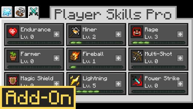 Thumbnail of the Minecraft Bedrock Marketplace product Player Skills Pro Add-On created by Cubed Creations.