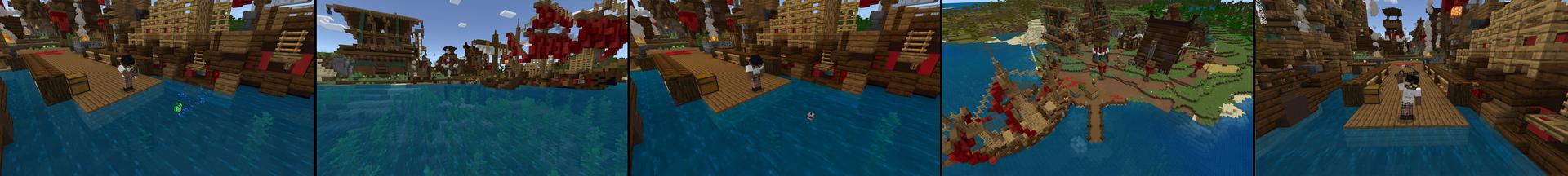Panorama of the Minecraft Bedrock Marketplace product Fishing Gives OP Loot created by Cynosia.