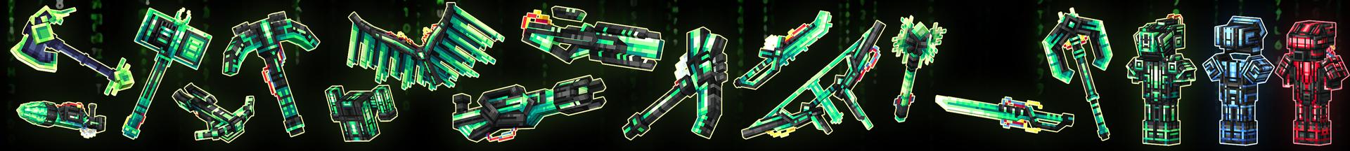 Panorama of the Minecraft Bedrock Marketplace product Hacker Weapons Add-On created by Diveblocks.