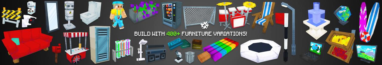 Panorama of the Minecraft Bedrock Marketplace product más de 400 muebles Add-On created by Dodo Studios.