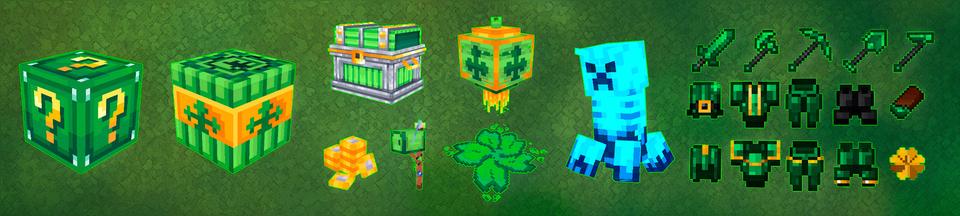 Panorama of the Minecraft Bedrock Marketplace product Patrick's Lucky Block created by Eco Studios.