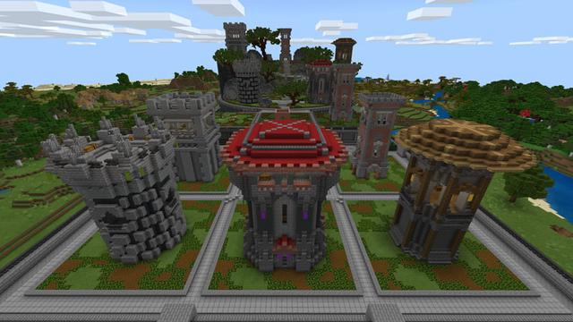 Screenshot of the Minecraft Bedrock Marketplace product Learn to Build: Towers created by Entity Builds.
