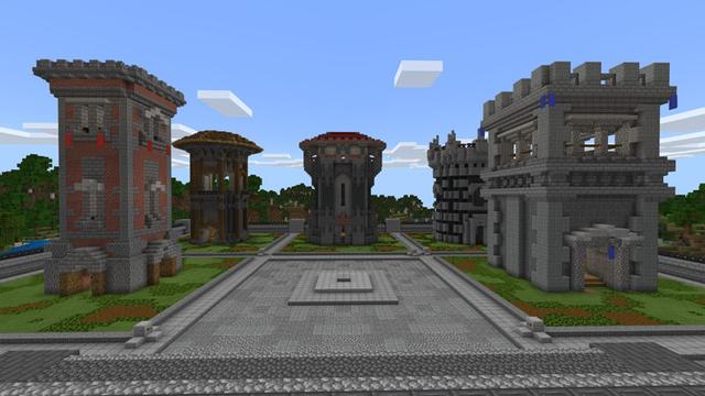 Screenshot of the Minecraft Bedrock Marketplace product Learn to Build: Towers created by Entity Builds.