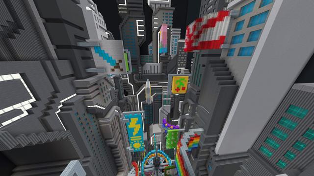 Screenshot of the Minecraft Bedrock Marketplace product City Dropper 2047 created by Everbloom Games.