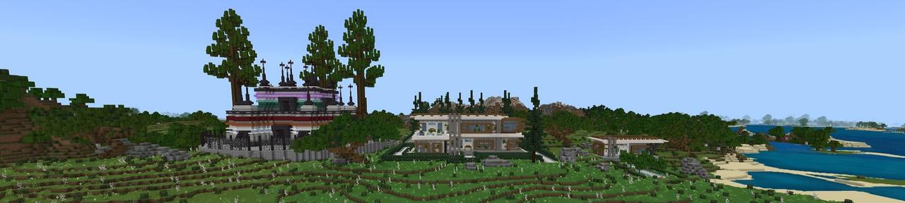 Panorama of the Minecraft Bedrock Marketplace product Noob vs Pro vs Hacker Mansion created by Fall Studios.