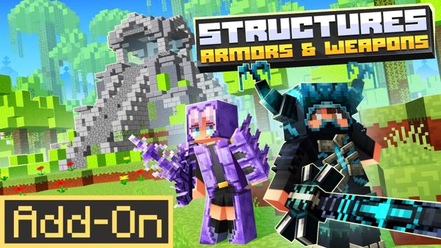 Thumbnail of the Minecraft Bedrock Marketplace product Structures, Armors & Weapons created by Fall Studios.