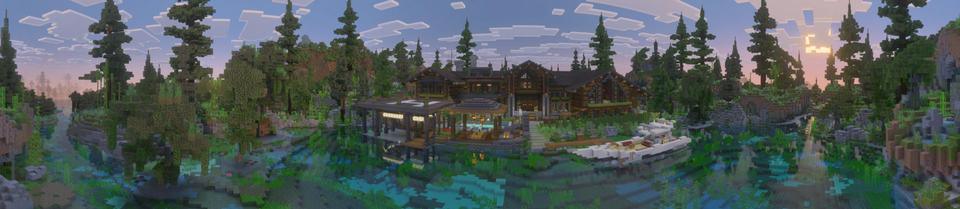Panorama of the Minecraft Bedrock Marketplace product Lakeside Cabin created by GoE-Craft.