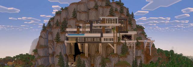 Panorama of the Minecraft Bedrock Marketplace product Mountainside Mansion created by GoE-Craft.