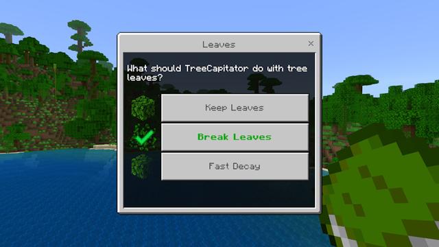 Screenshot of the Minecraft Bedrock Marketplace product Add-Ons TreeCapitator created by Hielke Maps.