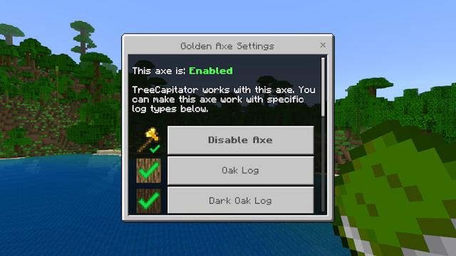 Screenshot of the Minecraft Bedrock Marketplace product Add-Ons TreeCapitator created by Hielke Maps.