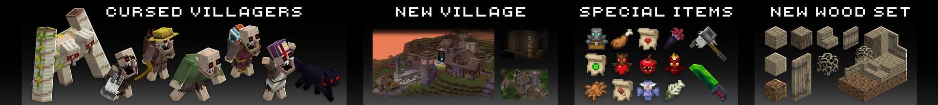 Panorama of the Minecraft Bedrock Marketplace product Cursed Villagers Add-On created by HorizonBlocks.