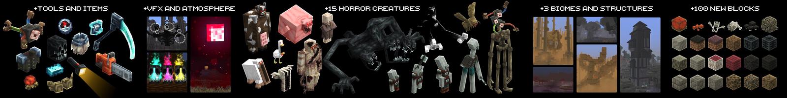 Panorama of the Minecraft Bedrock Marketplace product HorrorCraft Add-On 1.2: DWELLERS, BIOMES and more created by HorizonBlocks.