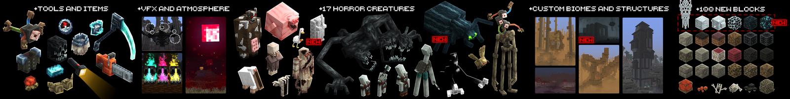 Panorama of the Minecraft Bedrock Marketplace product HorrorCraft Add-On 1.4: DWELLERS, BIOMES and more created by HorizonBlocks.