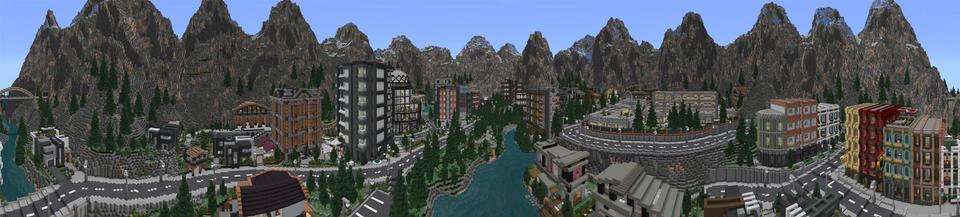 Panorama of the Minecraft Bedrock Marketplace product Mountain View City created by Impulse.