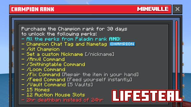 Screenshot of the Minecraft Bedrock Marketplace product Champion Rank (30d) created by InPvP.