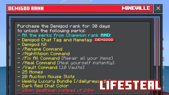 Screenshot of the Minecraft Bedrock Marketplace product Demigod Rank (30d) created by InPvP.
