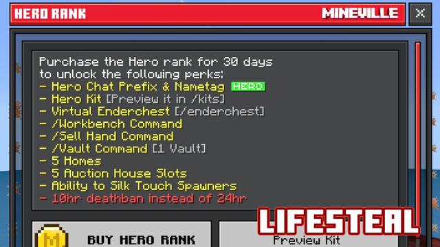 Screenshot of the Minecraft Bedrock Marketplace product Hero Rank (30d) created by InPvP.