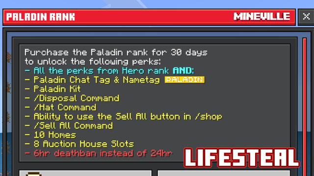 Screenshot of the Minecraft Bedrock Marketplace product Paladin Rank (30d) created by InPvP.