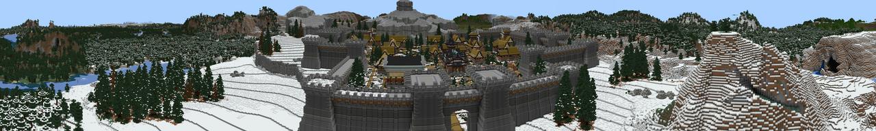 Panorama of the Minecraft Bedrock Marketplace product Winter Town Defense created by Insane Logic.